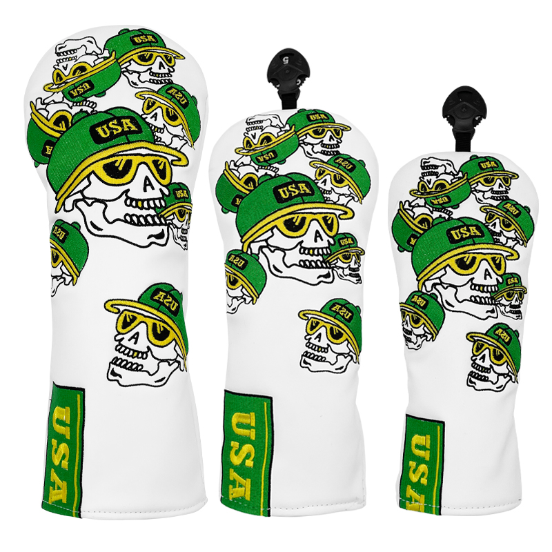 Golf Equipment Suppliers - Weiße Leder-Golfschlägerhauben mit Totenkopfmuster – Hochwertige