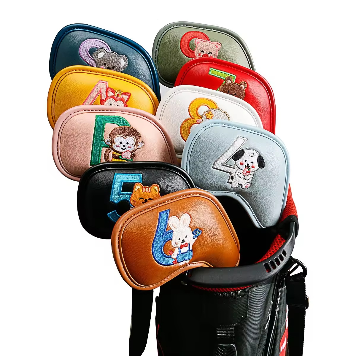 Golf Equipment Suppliers - 9-teiliges Set Niedliche Cartoon-Tier Golf-Eisenkopfhüllen, PU-Leder